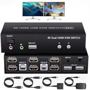 2x2 KVM Switch 2 Monitors 2 Computers, 4K@60Hz Dual Monitor HDMI KVM Switch 2 PC Share 2 Monitor, Audio Mic Port and 3 USB Ports Support Extended and Copy Mode, PC Monitor Keyboard Mouse Switcher 2x2 KVM Switch 2 Monitors 2 Computers, 4K@60Hz Dual Monitor HDMI KVM Switch 2 PC Share 2 Monitor, Audio Mic Port and 3 USB Ports Support Extended and Copy Mode, PC Monitor Keyboard Mouse Switcher