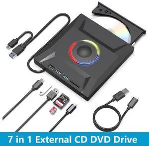 USB 3.0 and Type-C External CD DVD Drive, 7 in 1 External DVD CD Burner Player Writer with 2 USB Ports and 1 TF/SD Card Slots, Portable Slim Optical Disk Driver for Laptop Mac PC Windows Linux OS USB 3.0 and Type-C External CD DVD Drive, 7 in 1 External DVD CD Burner Player Writer with 2 USB Ports and 1 TF/SD Card Slots, Portable Slim Optical Disk Driver for Laptop Mac PC Windows Linux OS