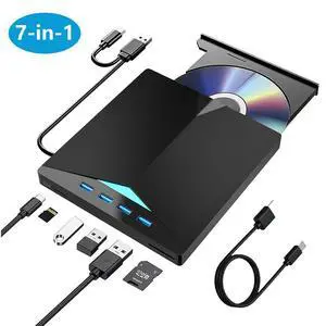 External CD DVD Drive, USB 3.0 Type-C DVD/CD+/-RW Burner Drive with Breathing Light with Colour Changing, 7 in 1 External Optical Drive with 4 USB Port & SD TF Slot for Windows 11/10/8/7 Linux Mac OS External CD DVD Drive, USB 3.0 Type-C DVD/CD+/-RW Burner Drive with Breathing Light with Colour Changing, 7 in 1 External Optical Drive with 4 USB Port & SD TF Slot for Windows 11/10/8/7 Linux Mac OS