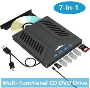 7-in-1 External CD DVD Drive for Laptop, USB 3.0 Type C CD DVD Player Burner with 2 SD Card Slots 4 USB Ports, Portable Slim CD DVD ROM for Desktop PC Compatible with Laptop PC Linux Windows Mac OS 7-in-1 External CD DVD Drive for Laptop, USB 3.0 Type C CD DVD Player Burner with 2 SD Card Slots 4 USB Ports, Portable Slim CD DVD ROM for Desktop PC Compatible with Laptop PC Linux Windows Mac OS