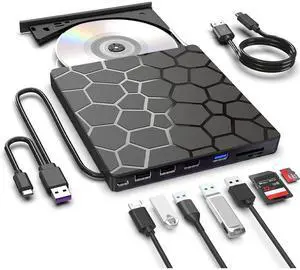 External CD DVD Drive for Laptop, 8 in 1 USB 3.0 Type-C Disc Reader Writer Burner Player with 4 USB & SD TF Port, Slim Portable CD DVD +/-RW Optical Drive for PC Laptop Desktop Windows Linux MacOS External CD DVD Drive for Laptop, 8 in 1 USB 3.0 Type-C Disc Reader Writer Burner Player with 4 USB & SD TF Port, Slim Portable CD DVD +/-RW Optical Drive for PC Laptop Desktop Windows Linux MacOS