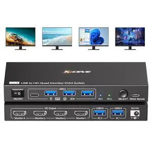 Quad Monitor KVM Switch 4 Monitors 2 Computers 1080P@60Hz,USB3.0 KVM Switch Quad Monitor for 2 PC Share 4 Monitors&4 USB Devices, with Wired Remote&2 USB Cables, Driver Installation is Required Quad Monitor KVM Switch 4 Monitors 2 Computers 1080P@60Hz,USB3.0 KVM Switch Quad Monitor for 2 PC Share 4 Monitors&4 USB Devices, with Wired Remote&2 USB Cables, Driver Installation is Required