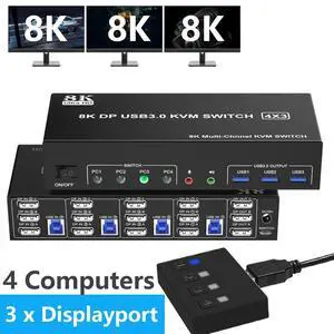 WRIARICH Displayport KVM Switch 3 Monitors 4 Computer, DP1.4 Triple Monitor KVM Switch 4 in 3 Out with Audio Microphone Output and 3 USB 3.0 Port, KVM Triple Monitor Keyboard Mouse Switcher for 4PC WRIARICH Displayport KVM Switch 3 Monitors 4 Computer, DP1.4 Triple Monitor KVM Switch 4 in 3 Out with Audio Microphone Output and 3 USB 3.0 Port, KVM Triple Monitor Keyboard Mouse Switcher for 4PC