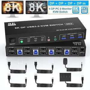 WRIARICH 8K@60Hz Displayport USB 3.0 KVM Switchfor 4 Computers 2 Monitors 4K@144Hz, DP1.4 Dual Monitor Displayport KVM Switch 4 Port with Audio Output and 3 USB 3.0, 8K DP Monitor Switch for 4 PCs WRIARICH 8K@60Hz Displayport USB 3.0 KVM Switchfor 4 Computers 2 Monitors 4K@144Hz, DP1.4 Dual Monitor Displayport KVM Switch 4 Port with Audio Output and 3 USB 3.0, 8K DP Monitor Switch for 4 PCs