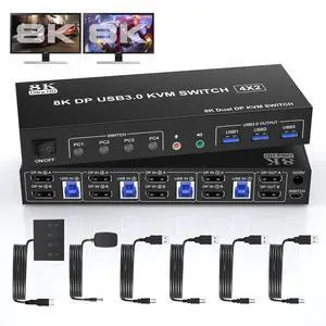 WRIARICH 8K@60Hz Displayport USB 3.0 KVM Switch 2 Monitors for 4 Computers, DP1.4 KVM Switch 4 Port with Audio Microphone Output and 3 USB 3.0 Ports, 8K DP Monitor KVM Switch for 4 PCs 2 Monitors WRIARICH 8K@60Hz Displayport USB 3.0 KVM Switch 2 Monitors for 4 Computers, DP1.4 KVM Switch 4 Port with Audio Microphone Output and 3 USB 3.0 Ports, 8K DP Monitor KVM Switch for 4 PCs 2 Monitors
