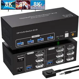 WRIARICH 8K Triple Monitor Displayport KVM Switch 2 Computer 3 Monitors 4K144Hz 8K60Hz Triple Monitor KVM Switches DP 1.4 witch 4 USB 3.0 for 2 PC Share 3 Monitors With DC12V Adapter and 2 USB Cables WRIARICH 8K Triple Monitor Displayport KVM Switch 2 Computer 3 Monitors 4K144Hz 8K60Hz Triple Monitor KVM Switches DP 1.4 witch 4 USB 3.0 for 2 PC Share 3 Monitors With DC12V Adapter and 2 USB Cables