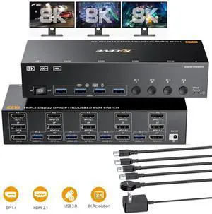 HDMI+2 Displayport KVM Switch 3 Monitors 4 Computers 8K@60Hz 4K@144Hz, USB 3.0 KVM Switch Triple Monitor for 4 PCs Share 3 Monitor and 4 USB 3.0 Ports, Wired Remote and 4 USB3.0 Cables Included HDMI+2 Displayport KVM Switch 3 Monitors 4 Computers 8K@60Hz 4K@144Hz, USB 3.0 KVM Switch Triple Monitor for 4 PCs Share 3 Monitor and 4 USB 3.0 Ports, Wired Remote and 4 USB3.0 Cables Included