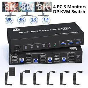8K@60Hz 4x3 DisplayPort KVM Switch 3 Monitors 4 Computers 4K@144Hz, DP 1.4 KVM Switch Triple Monitor for 4 Computer with Audio and 3 USB 3.0 Ports, KVM Triple Monitor Keyboard Mouse Switcher 8K@60Hz 4x3 DisplayPort KVM Switch 3 Monitors 4 Computers 4K@144Hz, DP 1.4 KVM Switch Triple Monitor for 4 Computer with Audio and 3 USB 3.0 Ports, KVM Triple Monitor Keyboard Mouse Switcher