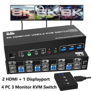 KVM Switch 3 Monitors 4 Computers 8K@60Hz 4K@144Hz, 2 HDMI + 1 Displayport Triple Monitor KVM Switch for 4 Pcs Share 3 Monitors and 3 USB 3.0 Port Keyboard Mouse, with Audio & Microphone output KVM Switch 3 Monitors 4 Computers 8K@60Hz 4K@144Hz, 2 HDMI + 1 Displayport Triple Monitor KVM Switch for 4 Pcs Share 3 Monitors and 3 USB 3.0 Port Keyboard Mouse, with Audio & Microphone output