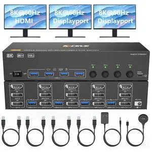 WRIARICH KVM Switch 3 Monitors 4 Computers 8K@60Hz, 1 HDMI + 2 Displayport Triple Monitor KVM Switch, 3 Monitor KVM with 4 USB 3.0 Ports for Keyboard Mouse, Wired Remote and 4 USB 3.0 Cables Included WRIARICH KVM Switch 3 Monitors 4 Computers 8K@60Hz, 1 HDMI + 2 Displayport Triple Monitor KVM Switch, 3 Monitor KVM with 4 USB 3.0 Ports for Keyboard Mouse, Wired Remote and 4 USB 3.0 Cables Included
