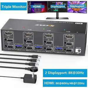 KVM Switch 3 Computers 3 Monitors, HDMI + 2 DisplayPort Triple Monitor USB 3.0 KVM Switcher, 8K@30Hz/4K@144Hz HDMI+2 DP KVM for 3 PC Share 3 Display and 4 USB3.0 Devices, Wired Remote Included KVM Switch 3 Computers 3 Monitors, HDMI + 2 DisplayPort Triple Monitor USB 3.0 KVM Switcher, 8K@30Hz/4K@144Hz HDMI+2 DP KVM for 3 PC Share 3 Display and 4 USB3.0 Devices, Wired Remote Included