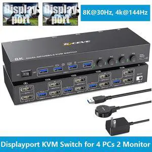 KVM Switch 4 Computers 2 Monitors 8K@30Hz 4K@144Hz, Dual Monitor DP KVM Switch 4 in 2 Out for 4 Computer Share 2 Monitors and 4 USB 3.0 Port Keyboard Mouse,Wired Remote and USB Cables Included KVM Switch 4 Computers 2 Monitors 8K@30Hz 4K@144Hz, Dual Monitor DP KVM Switch 4 in 2 Out for 4 Computer Share 2 Monitors and 4 USB 3.0 Port Keyboard Mouse,Wired Remote and USB Cables Included
