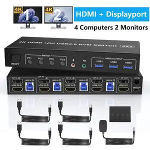WRIARICH 4K@60Hz Displayport + HDMI Dual Monitor KVM Switch for 4 Computers 2 Monitors, USB 3.0 KVM Switch, with Audio Microphone Output and 3 USB 3.0 Ports, HDMI+DP Monitor Switch for 4 PCs 2 Monitor WRIARICH 4K@60Hz Displayport + HDMI Dual Monitor KVM Switch for 4 Computers 2 Monitors, USB 3.0 KVM Switch, with Audio Microphone Output and 3 USB 3.0 Ports, HDMI+DP Monitor Switch for 4 PCs 2 Monitor