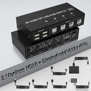 4 Port HDMI + Displayport KVM Switch Dual Monitor 4 Computers 4K @60Hz Support HDMI2.0 DP1.2 KVM Switch with 4 USB 2.0 Hub, Keyboard Mouse Monitor Switcher for 4 PCs Dual Monitors 4 in 2 Out (HDMI+DP) 4 Port HDMI + Displayport KVM Switch Dual Monitor 4 Computers 4K @60Hz Support HDMI2.0 DP1.2 KVM Switch with 4 USB 2.0 Hub, Keyboard Mouse Monitor Switcher for 4 PCs Dual Monitors 4 in 2 Out (HDMI+DP)