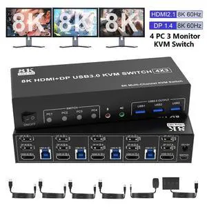 8K@60Hz KVM Switch 3 Monitors 4 Computers 4K@144Hz, 2 DisplayPort +1 HDMI KVM Switch Triple Monitor for 4 Computer with Audio and 3 USB 3.0 Ports, 3 Monitor KVM Switches Keyboard Mouse Switcher 8K@60Hz KVM Switch 3 Monitors 4 Computers 4K@144Hz, 2 DisplayPort +1 HDMI KVM Switch Triple Monitor for 4 Computer with Audio and 3 USB 3.0 Ports, 3 Monitor KVM Switches Keyboard Mouse Switcher
