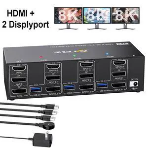 KVM Switch 3 Monitors 3 Computers 8K@60Hz 4K@144Hz, Triple Monitor HDMI + 2 DP KVM Switch for 3 PC Sharing 3 Monitors & 4 USB3.0 Devices, With Power Adapter, Wired Remote Control & 3 USB Cables KVM Switch 3 Monitors 3 Computers 8K@60Hz 4K@144Hz, Triple Monitor HDMI + 2 DP KVM Switch for 3 PC Sharing 3 Monitors & 4 USB3.0 Devices, With Power Adapter, Wired Remote Control & 3 USB Cables