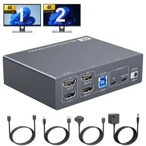 Dual Monitor KVM Switch for Laptop & Desktop 4K@60Hz, USB C and HDMI KVM Switch 2 Monitors 2 Computers with 4 USB 3.0 Port for Keyboard Mouse, 80W PD Charging, with Wired Remote and USB C Cable Dual Monitor KVM Switch for Laptop & Desktop 4K@60Hz, USB C and HDMI KVM Switch 2 Monitors 2 Computers with 4 USB 3.0 Port for Keyboard Mouse, 80W PD Charging, with Wired Remote and USB C Cable