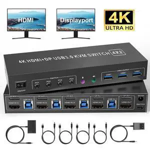 4K KVM Switch 2 Monitors 4 Computers, Dual Monitor HDMI + Displayport USB 3.0 KVM Switches 4K@60Hz, Support Extended/Mirror Mode Share 3 USB 3.0 Ports with Desktop Controller, Adapter Included 4K KVM Switch 2 Monitors 4 Computers, Dual Monitor HDMI + Displayport USB 3.0 KVM Switches 4K@60Hz, Support Extended/Mirror Mode Share 3 USB 3.0 Ports with Desktop Controller, Adapter Included