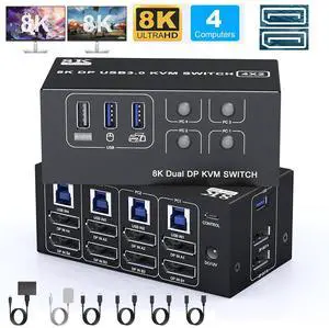 WRIARICH 8K@60Hz Displayport USB 3.0 KVM Switch 2 Monitors for 4 Computers 8K@60Hz 4K@144Hz, DP1.4 Dual Monitor Displayport KVM Switches 4 Port with 4 USB 3.0 Ports, 8K DP Monitor Switch for 4 PCs WRIARICH 8K@60Hz Displayport USB 3.0 KVM Switch 2 Monitors for 4 Computers 8K@60Hz 4K@144Hz, DP1.4 Dual Monitor Displayport KVM Switches 4 Port with 4 USB 3.0 Ports, 8K DP Monitor Switch for 4 PCs