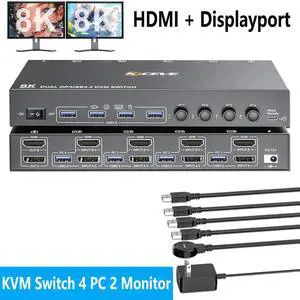 WRIARICH KVM Switch 2 Monitors 4 Computers, USB 3.0 DisplayPort + HDMI Dual Monitor KVM Switch, Supports 8K@30Hz, 4K144Hz for 4 Computers that Share 2 Monitors and 4 USB 3.0 Device, with Wired Remote WRIARICH KVM Switch 2 Monitors 4 Computers, USB 3.0 DisplayPort + HDMI Dual Monitor KVM Switch, Supports 8K@30Hz, 4K144Hz for 4 Computers that Share 2 Monitors and 4 USB 3.0 Device, with Wired Remote