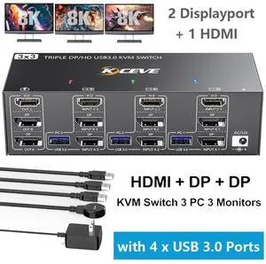 USB 3.0 KVM Switch 3 PC 3 Monitors, 2 Displayport + HDMI Triple Monitors KVM Switch, 8K@60Hz KVM Switch 4K@144Hz, DP + DP + HDMI KVM Switch for 3 PC Share Mouse, Keyboard and 4 USB 3.0 Devices USB 3.0 KVM Switch 3 PC 3 Monitors, 2 Displayport + HDMI Triple Monitors KVM Switch, 8K@60Hz KVM Switch 4K@144Hz, DP + DP + HDMI KVM Switch for 3 PC Share Mouse, Keyboard and 4 USB 3.0 Devices