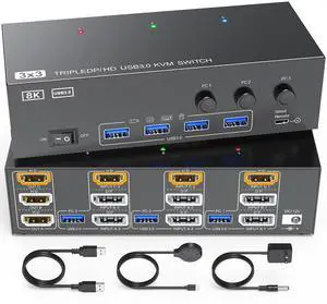 8K HDMI + 2 Displayport KVM Switch 3 Monitors 3 Computers, 8K@60Hz/4K@144Hz KVM Switch for 3 Computers Sharing 3 Monitors, Keyboard, Mouse,with 3 USB Cables, Wired Controller and Power Adapter 8K HDMI + 2 Displayport KVM Switch 3 Monitors 3 Computers, 8K@60Hz/4K@144Hz KVM Switch for 3 Computers Sharing 3 Monitors, Keyboard, Mouse,with 3 USB Cables, Wired Controller and Power Adapter
