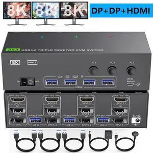 KVM Switch 3 Monitors 3 Computers 8K@60Hz, HDMI + 2* Displayport Triple Monitor KVM Switch, 3x3 KVM Switch with 4 USB 3.0 Port for Keyboard Mouse Printer,Wired Remote and Power Adapter Included KVM Switch 3 Monitors 3 Computers 8K@60Hz, HDMI + 2* Displayport Triple Monitor KVM Switch, 3x3 KVM Switch with 4 USB 3.0 Port for Keyboard Mouse Printer,Wired Remote and Power Adapter Included