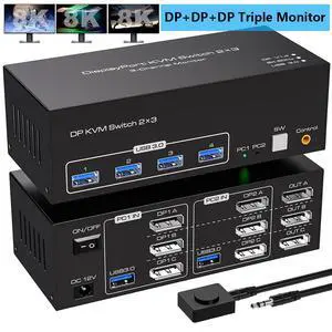 8K KVM Switch 3 Monitors 2 Computers, Displayport 4K@144Hz USB 3.0 KVM Switches DP 1.4 Triple Monitor Switch for 2 PCs with 4 USB Ports Support Extended & Copy Mode, Wired Controller Included 8K KVM Switch 3 Monitors 2 Computers, Displayport 4K@144Hz USB 3.0 KVM Switches DP 1.4 Triple Monitor Switch for 2 PCs with 4 USB Ports Support Extended & Copy Mode, Wired Controller Included