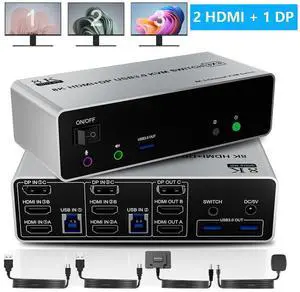 8K@60Hz KVM Switch 3 Monitors 2 Computers 4K@144Hz, 2 HDMI+Displayport Triple Monitor KVM Switch for 2 Computer Share 3 Monitor, Audio Mic Port & 3 USB3.0 Devices, Wired Remote&5V Power Adapter 8K@60Hz KVM Switch 3 Monitors 2 Computers 4K@144Hz, 2 HDMI+Displayport Triple Monitor KVM Switch for 2 Computer Share 3 Monitor, Audio Mic Port & 3 USB3.0 Devices, Wired Remote&5V Power Adapter