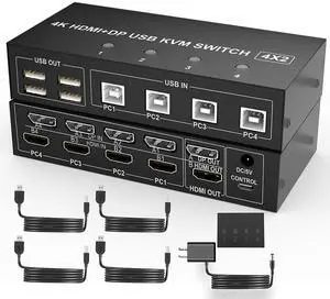 WRIARICH 4 Port HDMI + DisplayPort KVM Switch Dual Monitor, UHD 4K@60Hz, KVM Switch 2 Monitors 4 Computers with 4 USB 2.0 Hub, Keyboard Video Mouse Peripherals Switcher for 4 PCs Dual Monitors WRIARICH 4 Port HDMI + DisplayPort KVM Switch Dual Monitor, UHD 4K@60Hz, KVM Switch 2 Monitors 4 Computers with 4 USB 2.0 Hub, Keyboard Video Mouse Peripherals Switcher for 4 PCs Dual Monitors