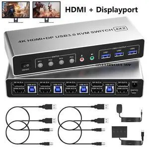 Displayport HDMI KVM Switch 2 Monitors 4 Computers, 4K@60Hz Dual Monitor KVM Switch for 4 Computers Share 2 Monitors + 3 USB 3.0 Ports + Audio + Mic, 4 Ports HDMI + DP KVM Switches for 4 PCs Displayport HDMI KVM Switch 2 Monitors 4 Computers, 4K@60Hz Dual Monitor KVM Switch for 4 Computers Share 2 Monitors + 3 USB 3.0 Ports + Audio + Mic, 4 Ports HDMI + DP KVM Switches for 4 PCs