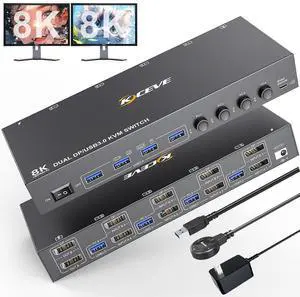 WRIARICH 8K DisplayPort KVM Switch 2 Monitors 4 Computers, Dual Monitor KVM Switch Displayport USB 3.0, Support 8K@30Hz, 4k@144Hz, for 4 Computer Share 2 Display, Wired Remote and USB Cables Included WRIARICH 8K DisplayPort KVM Switch 2 Monitors 4 Computers, Dual Monitor KVM Switch Displayport USB 3.0, Support 8K@30Hz, 4k@144Hz, for 4 Computer Share 2 Display, Wired Remote and USB Cables Included