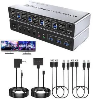 USB 3.0 HDMI KVM Switch for 4 Computers and 2 Monitors, 4 Ports HDMI Dual Monitor KVM Switch, 4K@60Hz Support with EDID, Audio & Microphone Output, and 3 USB 3.0 Ports, With Desktop Controller USB 3.0 HDMI KVM Switch for 4 Computers and 2 Monitors, 4 Ports HDMI Dual Monitor KVM Switch, 4K@60Hz Support with EDID, Audio & Microphone Output, and 3 USB 3.0 Ports, With Desktop Controller