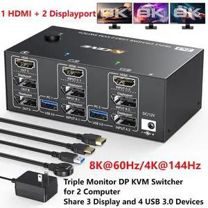 KVM Switch 3 Monitors 2 Computers 8K@60Hz 4K@144Hz, 1 HDMI + 2 Displayport KVM Switcher for 2 Computers Share Triple Monitor and 4 USB 3.0 Devices Supports Extended and Duplicate Mode giyqxHw KVM Switch 3 Monitors 2 Computers 8K@60Hz 4K@144Hz, 1 HDMI + 2 Displayport KVM Switcher for 2 Computers Share Triple Monitor and 4 USB 3.0 Devices Supports Extended and Duplicate Mode giyqxHw