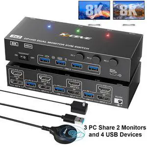 KVM Switch 2 Monitors 3 Computers 4K@144Hz 8K@60Hz, Displayport + HDMI KVM Switches Dual Monitor for 3PC Share 2 Monitors and 4 USB3.0 Ports, Wired Remote, Power Adapter and USB Cable Included KVM Switch 2 Monitors 3 Computers 4K@144Hz 8K@60Hz, Displayport + HDMI KVM Switches Dual Monitor for 3PC Share 2 Monitors and 4 USB3.0 Ports, Wired Remote, Power Adapter and USB Cable Included