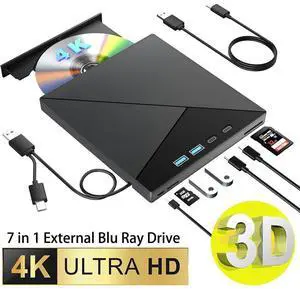 WRIARICH 7 in 1 External Blu Ray Drive, 4K Blu Ray CD/DVD Burner with USB 3.0 Type-C Portable Blu-Ray Drive, 3D BD Player with 4 USB and SD/TF Ports, Optical Drive Compatible with Windows Linux MacOS WRIARICH 7 in 1 External Blu Ray Drive, 4K Blu Ray CD/DVD Burner with USB 3.0 Type-C Portable Blu-Ray Drive, 3D BD Player with 4 USB and SD/TF Ports, Optical Drive Compatible with Windows Linux MacOS