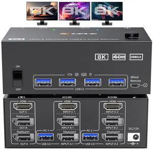 KVM Switch 3 Monitors 2 Computers 8K@60Hz, 1 HDMI + 2 Displayport KVM Switch Triple Monitor for 2 Computer Share 3 Monitor and 4 USB 3.0 Port Keyboard Mouse, Wired Remote and 5 Cables Included KVM Switch 3 Monitors 2 Computers 8K@60Hz, 1 HDMI + 2 Displayport KVM Switch Triple Monitor for 2 Computer Share 3 Monitor and 4 USB 3.0 Port Keyboard Mouse, Wired Remote and 5 Cables Included