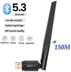150M Long Range USB Bluetooth 5.3 Adapter for PC Desktop, Wireless Transmitter USB Bluetooth Dongle for Windows 11/10/8.1 Laptop Computer Pair Bluetooth Headset Headphones Speaker Mouse Keyboard 150M Long Range USB Bluetooth 5.3 Adapter for PC Desktop, Wireless Transmitter USB Bluetooth Dongle for Windows 11/10/8.1 Laptop Computer Pair Bluetooth Headset Headphones Speaker Mouse Keyboard