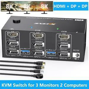 WRIARICH KVM Switch 3 Monitors 2 Computers 8K@60Hz 4K@144Hz, 2 Displayport + HDMI Triple Monitor USB 3.0 KVM Switch with 4 USB 3.0 Port for Keyboard Mouse, with Wired Remote & Power Adapter WRIARICH KVM Switch 3 Monitors 2 Computers 8K@60Hz 4K@144Hz, 2 Displayport + HDMI Triple Monitor USB 3.0 KVM Switch with 4 USB 3.0 Port for Keyboard Mouse, with Wired Remote & Power Adapter