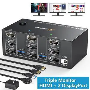 KVM Switch 3 Monitors 2 Computers 8K@60Hz 4K@144Hz, HDMI + 2 Displayport Triple Monitor KVM Switch for 2 Computer Share 3 Monitor and 4 USB 3.0 Port Keyboard Mouse,Wired Remote and USB Cables Included KVM Switch 3 Monitors 2 Computers 8K@60Hz 4K@144Hz, HDMI + 2 Displayport Triple Monitor KVM Switch for 2 Computer Share 3 Monitor and 4 USB 3.0 Port Keyboard Mouse,Wired Remote and USB Cables Included