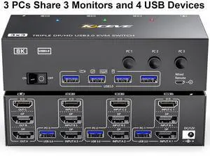 KVM Switch 3 Monitors 3 Computers 8K@60Hz, HDMI + 2* Displayport Triple Monitor KVM Switch,3 Monitor KVM with 4 USB 3.0 Ports for Keyboard Mouse Printer, Wired Remote and Power Adapter Included KVM Switch 3 Monitors 3 Computers 8K@60Hz, HDMI + 2* Displayport Triple Monitor KVM Switch,3 Monitor KVM with 4 USB 3.0 Ports for Keyboard Mouse Printer, Wired Remote and Power Adapter Included