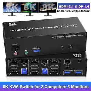 KVM Switch 3 Monitors 2 Computers 8K@60Hz 4K@144Hz, 2 HDMI + DisplayPort Triple Monitor KVM Switch for 2 PCs Share 1000Mbps Ethernet, 3 USB 3.0 Ports, Audio & Microphone, Wired Remote included KVM Switch 3 Monitors 2 Computers 8K@60Hz 4K@144Hz, 2 HDMI + DisplayPort Triple Monitor KVM Switch for 2 PCs Share 1000Mbps Ethernet, 3 USB 3.0 Ports, Audio & Microphone, Wired Remote included