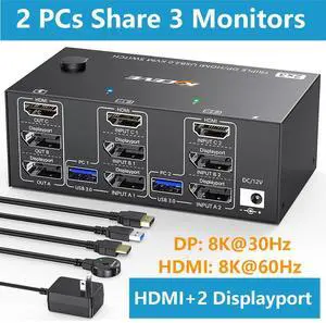 Triple Monitor KVM Switch 3 Monitors 2 Computers 8K@60Hz 4K@144Hz, HDMI + 2 Displayport KVM Switch Triple Monitor for PC, Laptop Share 3 Monitors and 4 USB 3.0 Device, with Wired Remote and 5 Cables Triple Monitor KVM Switch 3 Monitors 2 Computers 8K@60Hz 4K@144Hz, HDMI + 2 Displayport KVM Switch Triple Monitor for PC, Laptop Share 3 Monitors and 4 USB 3.0 Device, with Wired Remote and 5 Cables