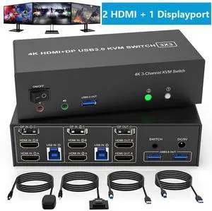 WRIARICH KVM Switch 3 Monitors 2 Computers 4K@60Hz, 2 HDMI+Displayport KVM Switch Triple Monitor for 2 Computer Share 3 Monitor, Audio Mic Port and 3 USB3.0 Devices, Wired Remote and 5V Power Adapter WRIARICH KVM Switch 3 Monitors 2 Computers 4K@60Hz, 2 HDMI+Displayport KVM Switch Triple Monitor for 2 Computer Share 3 Monitor, Audio Mic Port and 3 USB3.0 Devices, Wired Remote and 5V Power Adapter