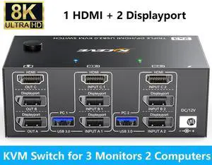 WRIARICH KVM Switch 3 Monitors 2 Computers 8K@60Hz, 2 Displayport + 1 HDMI USB 3.0 Triple Monitor KVM Switch with 4 USB 3.0 Port for Keyboard Mouse, Wired Remote,Power Adapter and 5 Cables Included WRIARICH KVM Switch 3 Monitors 2 Computers 8K@60Hz, 2 Displayport + 1 HDMI USB 3.0 Triple Monitor KVM Switch with 4 USB 3.0 Port for Keyboard Mouse, Wired Remote,Power Adapter and 5 Cables Included