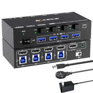 KVM Switch 4 Computers 8K@60Hz 4K@144Hz, Simulation EDID, USB 3.0 HDMI KVM Switch for 4 Computers Share 1 Monitor and Keyboard Mouse and Headset,with Wired Remote,Power Adapter and USB3.0 Cable KVM Switch 4 Computers 8K@60Hz 4K@144Hz, Simulation EDID, USB 3.0 HDMI KVM Switch for 4 Computers Share 1 Monitor and Keyboard Mouse and Headset,with Wired Remote,Power Adapter and USB3.0 Cable