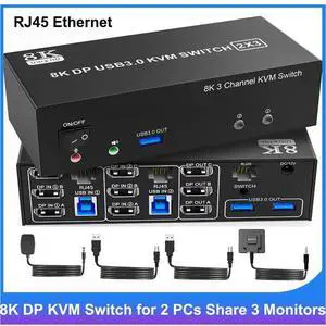 8K@60Hz Displayport KVM Switch 3 Monitors 2 Computers 4K@144Hz, DP1.4 KVM Switches Triple Monitor for 2 PCs Share 3 Monitors, RJ45 Ethernet Splitter 1 to 2, Audio Mic Port and 3 USB 3.0 Ports 8K@60Hz Displayport KVM Switch 3 Monitors 2 Computers 4K@144Hz, DP1.4 KVM Switches Triple Monitor for 2 PCs Share 3 Monitors, RJ45 Ethernet Splitter 1 to 2, Audio Mic Port and 3 USB 3.0 Ports