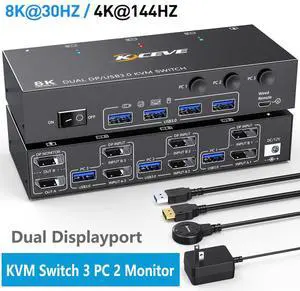 USB 3.0 Displayport KVM Switch 3 PC 2 Monitors 4K@144Hz 8K@30Hz, Dual Monitor KVM Switch 3 in 2 Out with DisplayPort 1.4 and 4 USB 3.0 Ports for 2 PC/Laptops, with DP+USB Cable and Desktop Controller USB 3.0 Displayport KVM Switch 3 PC 2 Monitors 4K@144Hz 8K@30Hz, Dual Monitor KVM Switch 3 in 2 Out with DisplayPort 1.4 and 4 USB 3.0 Ports for 2 PC/Laptops, with DP+USB Cable and Desktop Controller