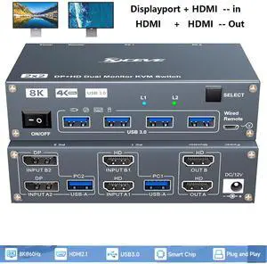 WRIARICH 2 Ports HDMI + Displayport KVM Switch 2 Computers 2 Monitors, 4K@60Hz KVM Switcher Dual HDMI Monitor for 2 PCs , with 4 USB 3.0 Ports, Support Extended/Mirror Mode, with Desktop Controller WRIARICH 2 Ports HDMI + Displayport KVM Switch 2 Computers 2 Monitors, 4K@60Hz KVM Switcher Dual HDMI Monitor for 2 PCs , with 4 USB 3.0 Ports, Support Extended/Mirror Mode, with Desktop Controller