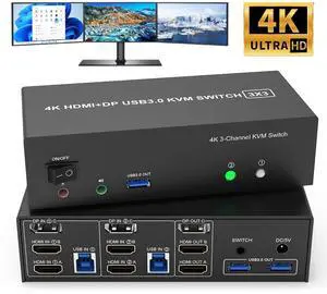 KVM Switch 3 Monitors 2 Computers 4K@60Hz, 2 HDMI + Displayport KVM Switch Triple Monitor for 2 Computer Share 3 Monitor, Audio Mic Port and 3 USB3.0 Devices, Wired Remote & DC 5V Power Adapter KVM Switch 3 Monitors 2 Computers 4K@60Hz, 2 HDMI + Displayport KVM Switch Triple Monitor for 2 Computer Share 3 Monitor, Audio Mic Port and 3 USB3.0 Devices, Wired Remote & DC 5V Power Adapter